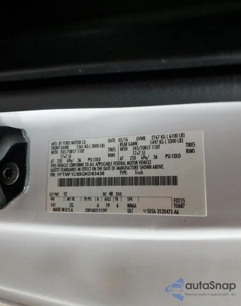 2016 Ford F150 from USA, damaged, VIN 1FTMF1C85GKD83438